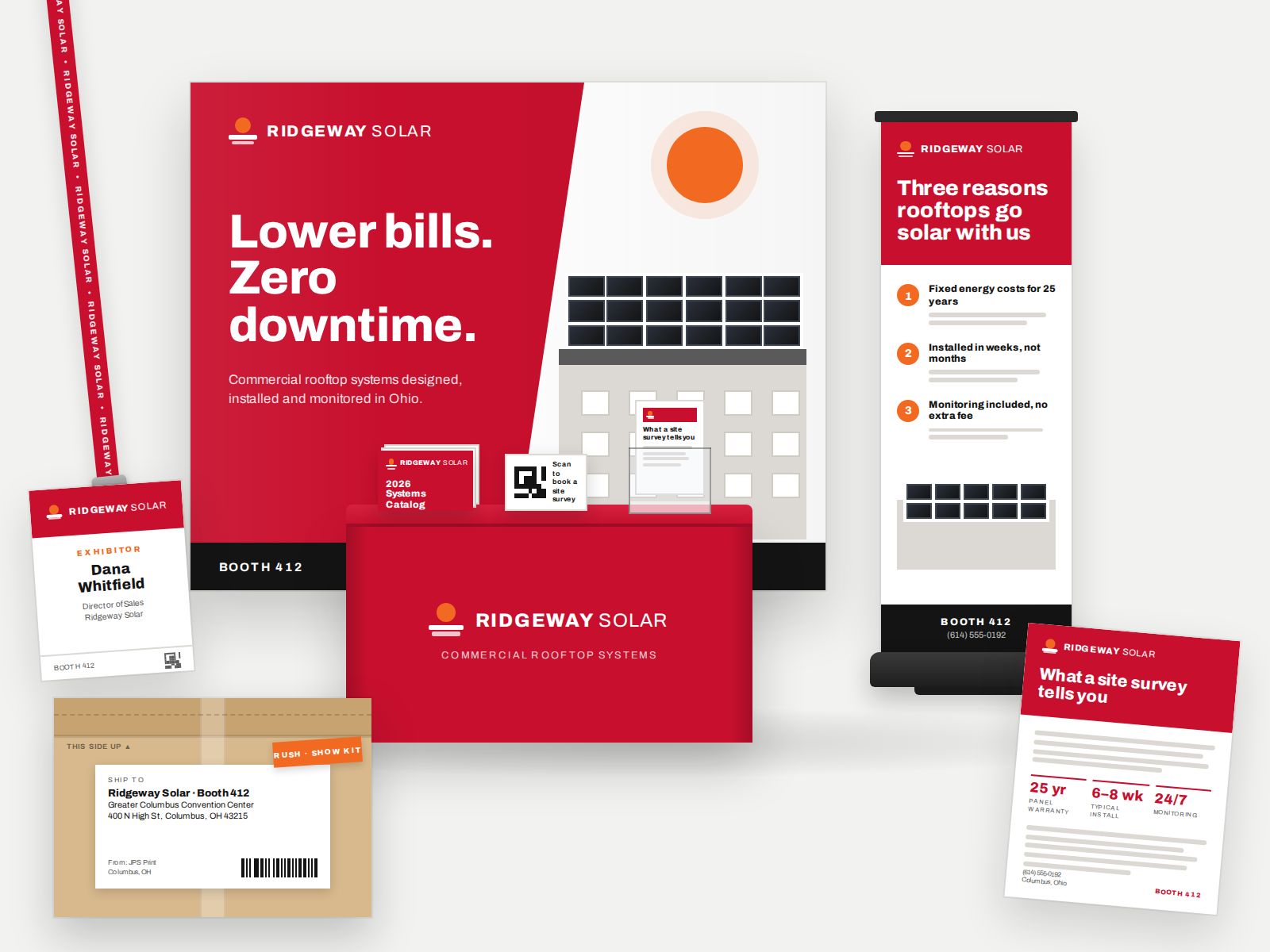 Event printing examples including Founders Summit invitations, programs, badges, lanyards and admission tickets